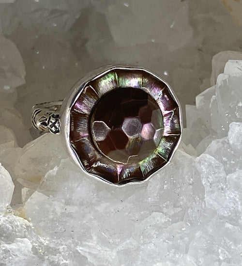 Victorian Carved Pearl Shell Button set in Sterling Silver Ring Setting Size 8