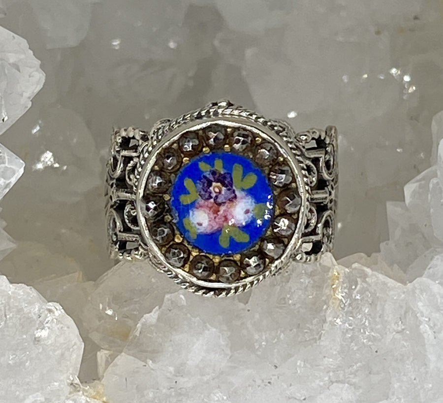 Victorian Enamel Button Set in Sterling Filigree Silver Ring Size 7.5