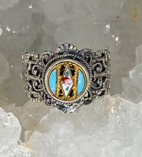 Victorian Enamel Button Set in Sterling Filigree Silver Ring Size 7.5