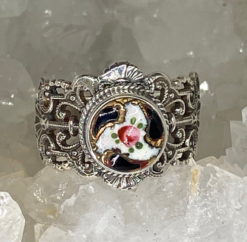 Victorian Enamel Button Set in Sterling Filigree Silver Ring Size 7.5