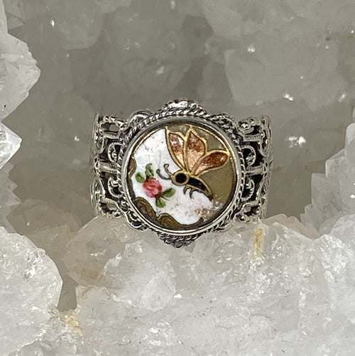 Victorian Enamel Button Set in Sterling Filigree Silver Ring Size 7