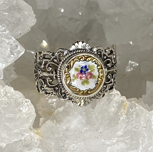 Victorian Enamel Button Set in Sterling Filigree Silver Ring Size 7.5