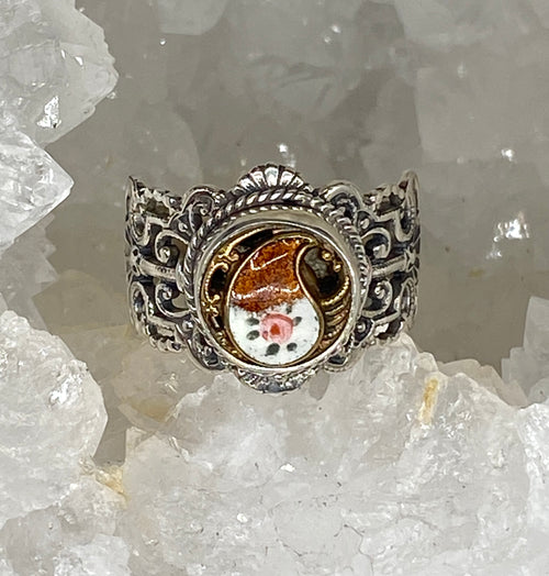 Victorian Enamel Button Set in Sterling Filigree Silver Ring Size 7