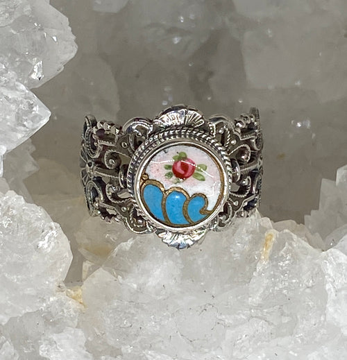 Victorian Enamel Button Set in Sterling Filigree Silver Ring Size 7