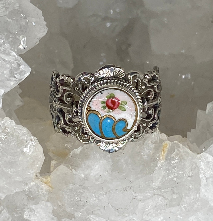 Victorian Enamel Button Set in Sterling Filigree Silver Ring Size 7