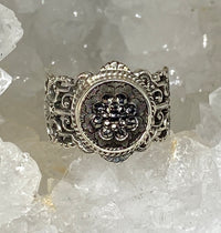 Victorian Czech Glass Button Set in Sterling Filigree Silver Ring Size 7.5