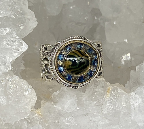 Victorian Czech Glass Button Set in Sterling Filigree Silver Ring Size 7