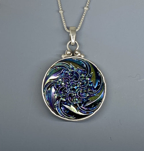 Vintage Czech Republic Luster Glass set in Sterling silver w/ Sterling Silver Necklace