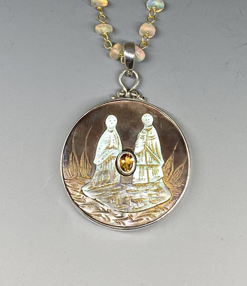 Victorian Carved Pearl Shell Button with Two Figurines & Tourmaline Center set in Sterling silver w/ Sterling Silver Necklace