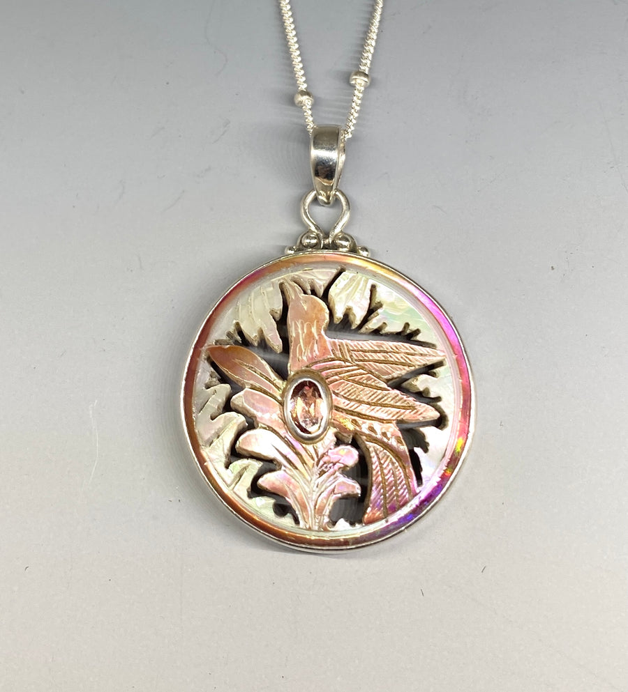 Victorian Carved Shell Bird Button with Tourmaline Stone set in Sterling Silver accent with Sterling silver Chain