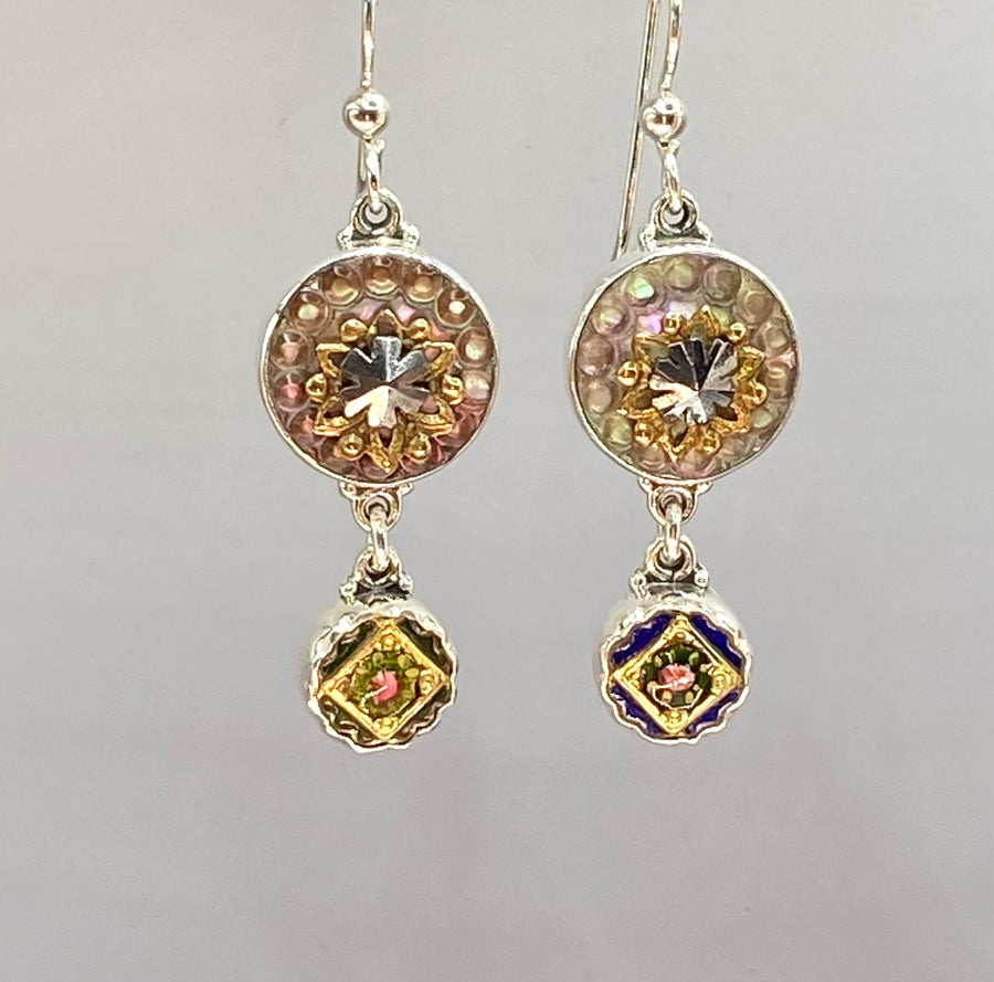 Victorian Double Carved Shell & French Enamel Button earring set in Sterling Silver