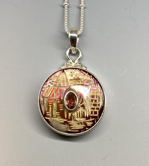 Victorian Carved Pearl Button Village Scene w/ Tourmaline Center set in Sterling Silver