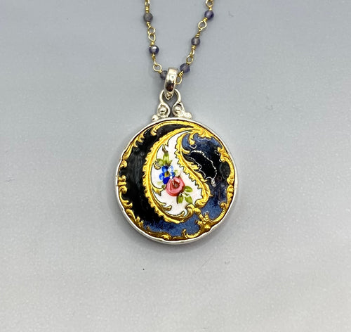 Victorian Hand Painted Enamel Button Set in Sterling Silver With Iolite Facet Rosary