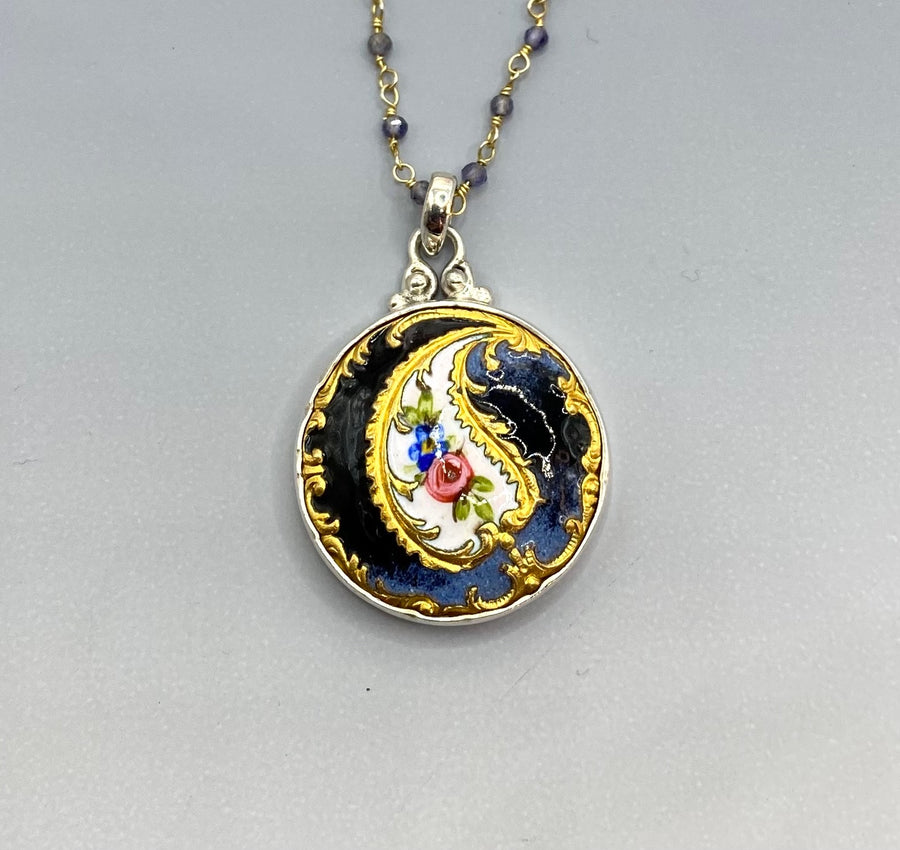 Victorian Hand Painted Enamel Button Set in Sterling Silver With Iolite Facet Rosary