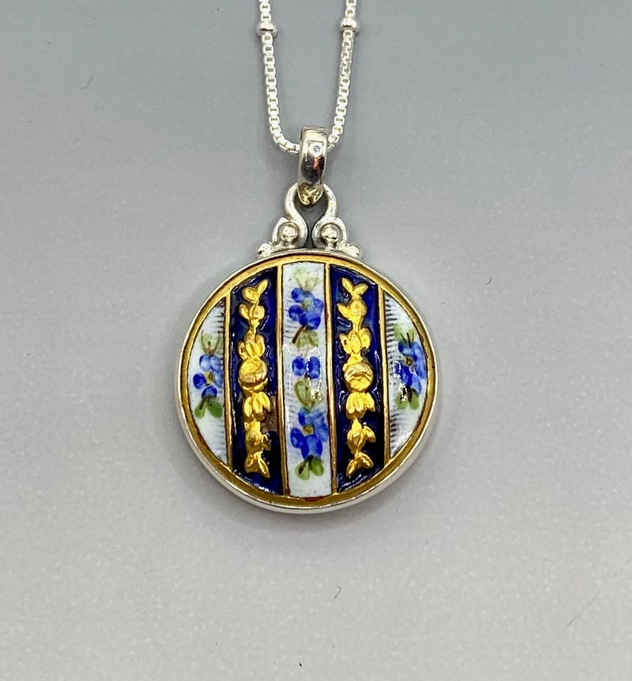 Victorian Hand Painted Enamel Button Set in Sterling Silver With Sterling Satellite Chain