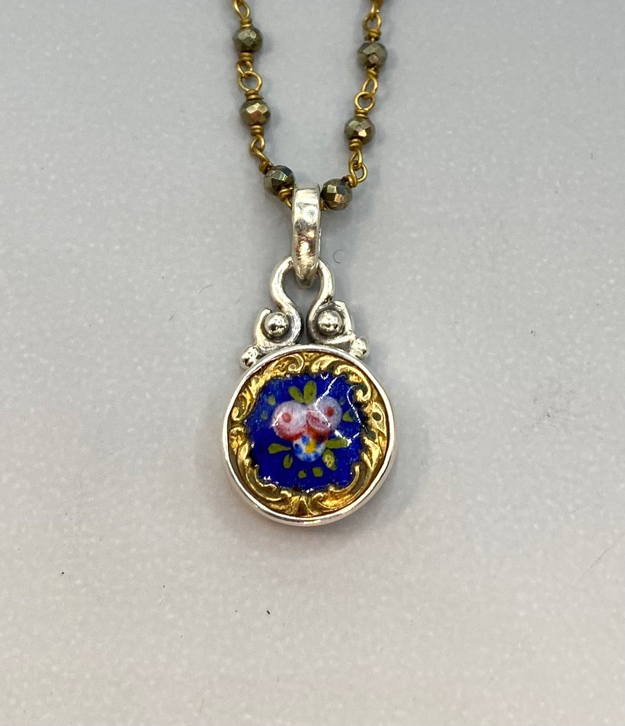 Victorian Small Hand Painted Enamel Button Set in Sterling Silver WithSpinell Facet Rosary