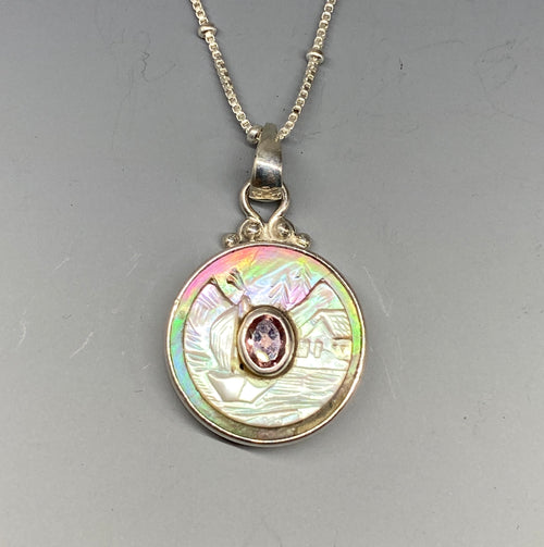 Victorian Carved Shell Button with Tourmaline Stone set in Sterling Silver accent with Sterling silver Chain