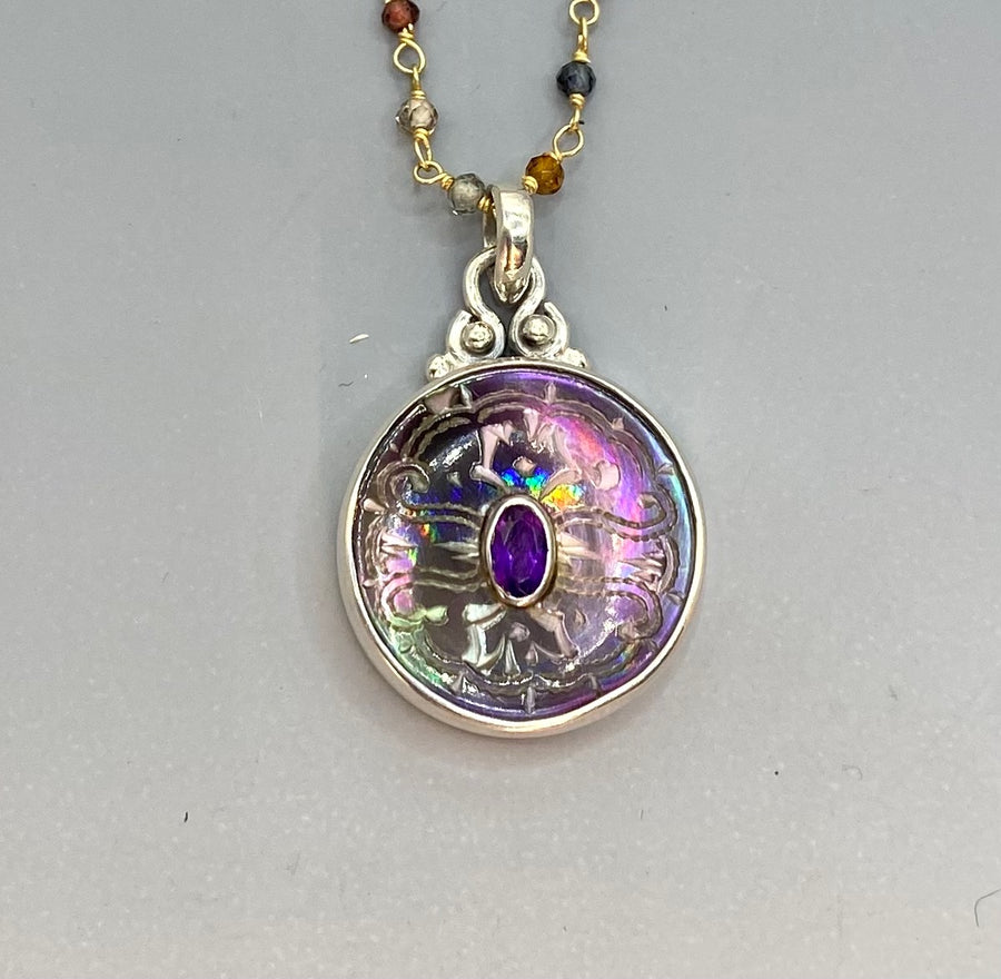 Victorian Carved Shell Pearl Button w/ Amethyst Center Set in Sterling Silver w/ Garnet Rosary