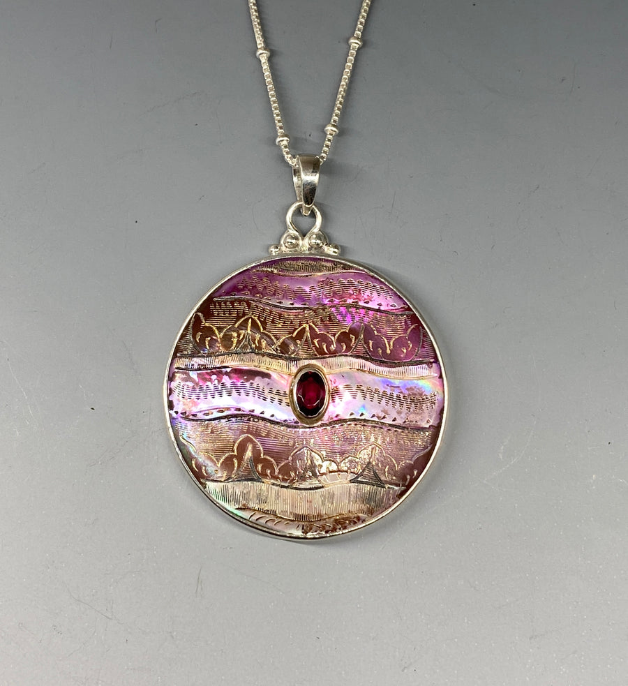 Victorian Carved Shell Button with Garnet Stone set in Sterling Silver accent with Sterling silver Chain