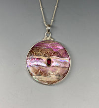 Victorian Carved Shell Button with Garnet Stone set in Sterling Silver accent with Sterling silver Chain