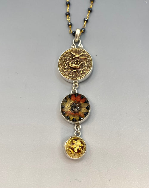 Victorian Three Button Drop Birds Metal & Lacy Glass Buttons set in Sterling Silver w/ Stone Rosary Accent