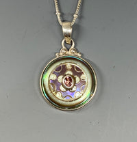 Victorian Carved Pearl Button w/ Tourmaline Center set in Sterling Silver