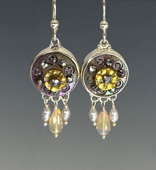 Victorian Carved Pearl Button Earrings Set in Sterling silver w/ Ethiopian Opal and pearl Stone Accent