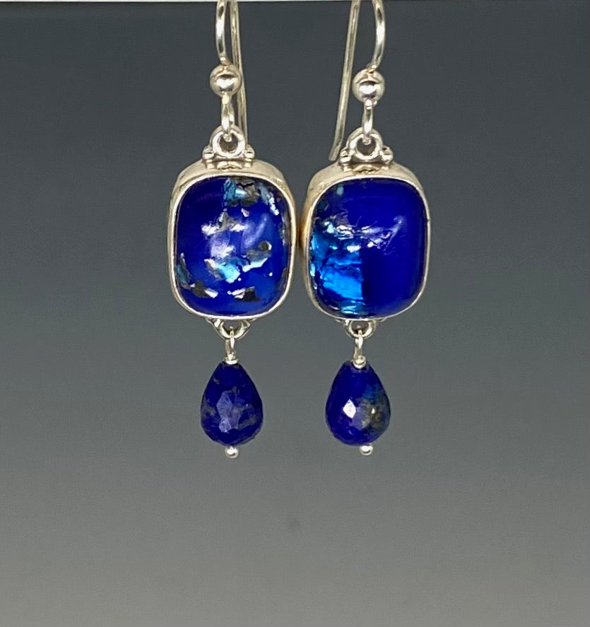 Victorian Leo Popper Glass Button Earrings Set in Sterling silver w/ Lapis Stone Accent