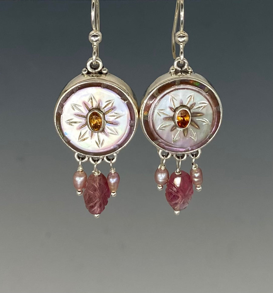 Victorian Carved Pearl Button Earrings Set in Sterling silver w/ Tourmaline Center & Carved Tourmaline and Pearl Stone Accent