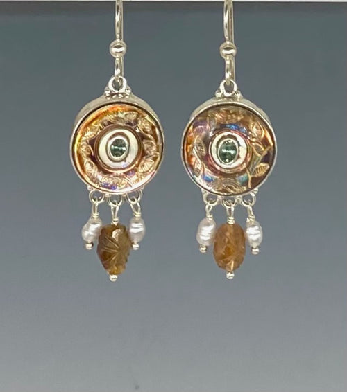 Victorian Carved Pearl Button Earrings Set in Sterling silver w/ Tourmaline Center & Carved Tourmaline and Pearl Stone Accent