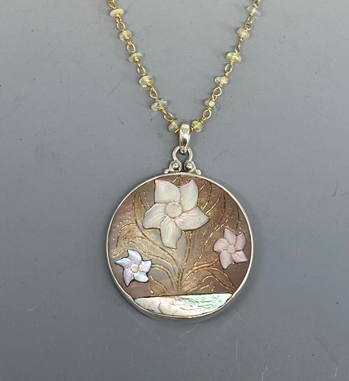 Victorian Carved Shell & Pearl Floral Button Set in Sterling Silver w/ Ethiopian Opal Stone Necklace