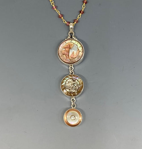 Victorian Three Button Drop Ornate carved shell & Pearls set in Sterling Silver w/ Stone Rosary Accent