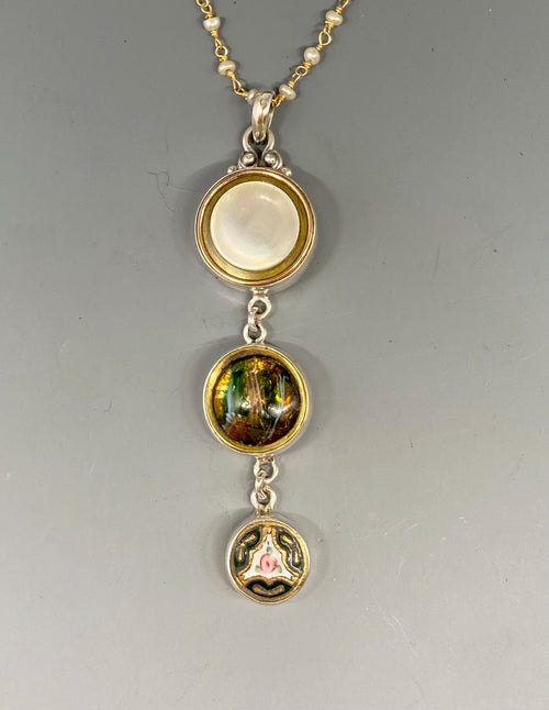 Victorian Three Button Drop Shell in Metal, Enamel & Glass Buttons set in Sterling Silver w/ Stone Rosary Accent