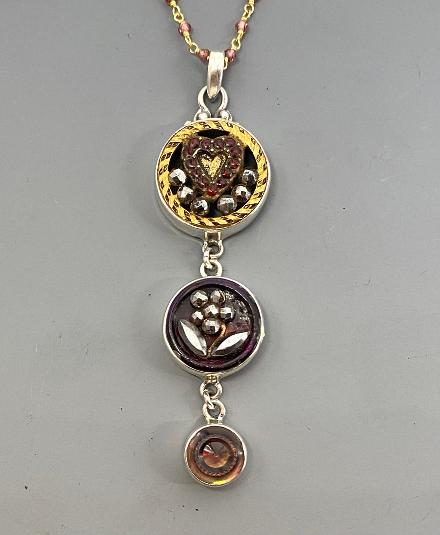 Victorian Three Button Drop Carved Tinted Shell and Pearl w/ Steel set in Sterling Silver w/ Stone Rosary Accent