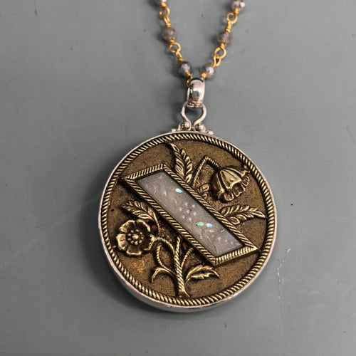 Victorian Floral Metal w/ Lacy Glass Inlay Antique Button Set in Sterling Silver Pendant w/ Labradorite Facet Stone Necklace