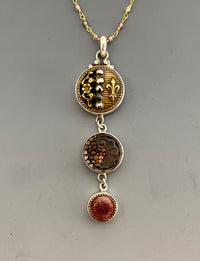 Victorian Three Button Drop Fleur du Lys Metal & Glass Buttons set in Sterling Silver w/ Stone Rosary Accent