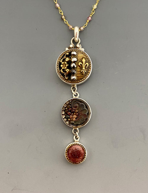 Victorian Three Button Drop Fleur du Lys Metal & Glass Buttons set in Sterling Silver w/ Stone Rosary Accent