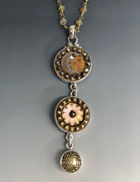 Victorian Triple Antique Button Drop Necklace set in Sterling Silver w/ Labradorite Facet Necklace