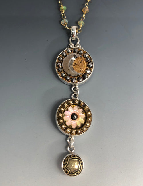Victorian Triple Antique Button Drop Necklace set in Sterling Silver w/ Labradorite Facet Necklace