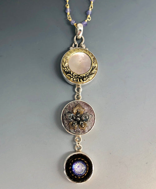Victorian Three Button Drop Czech Glass And Pearl set in Sterling Silver w/ Labradorite Facet Stone