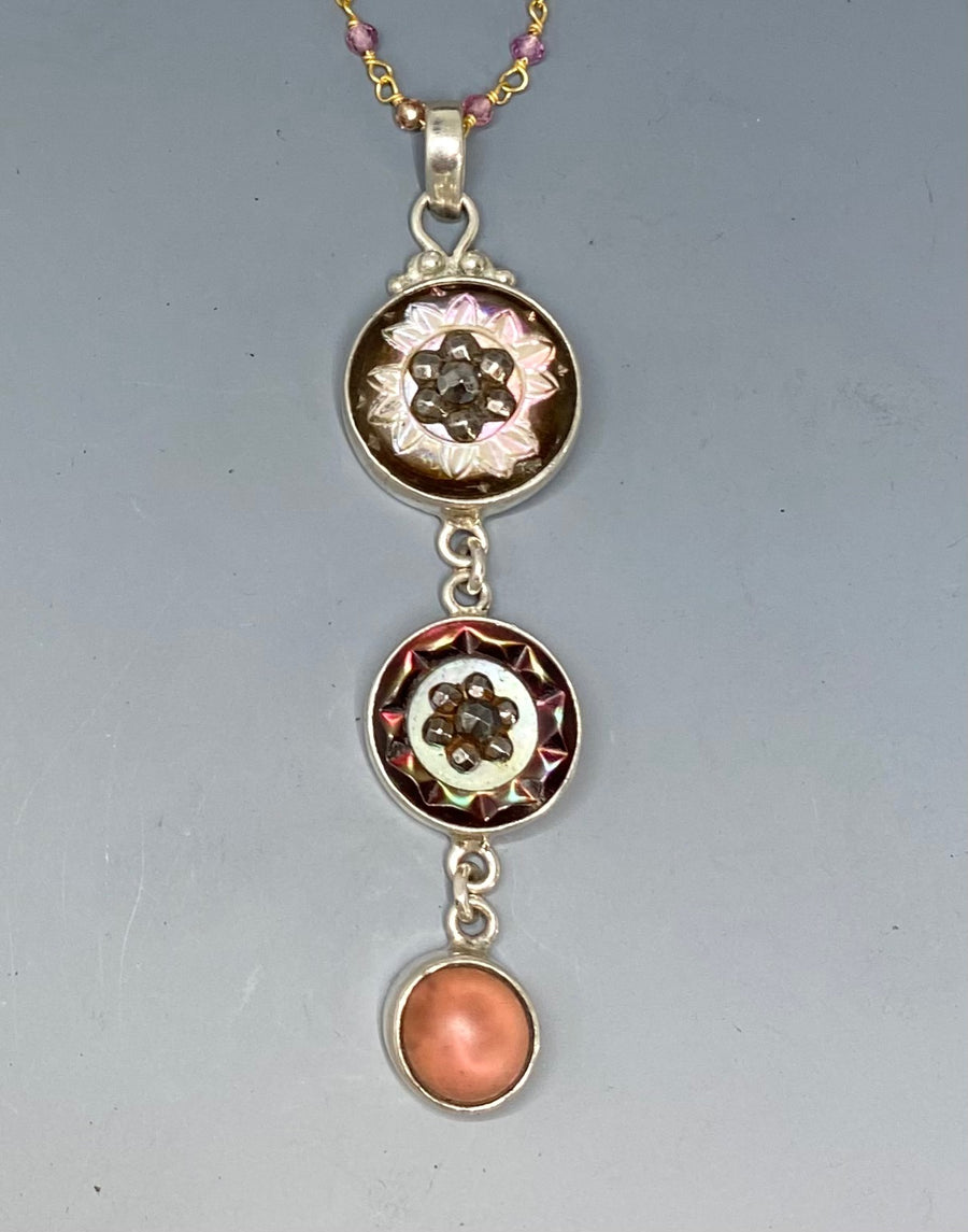 Victorian Three Button Drop Carved Tinted Shell and Pearl w/ Steel Facet Accent set in Sterling Silver w/ Stone Rosary Accent
