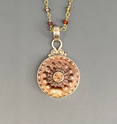 Victorian Carved Shell Pearl Button set in Sterling silver w/ garnet Rosary Necklace