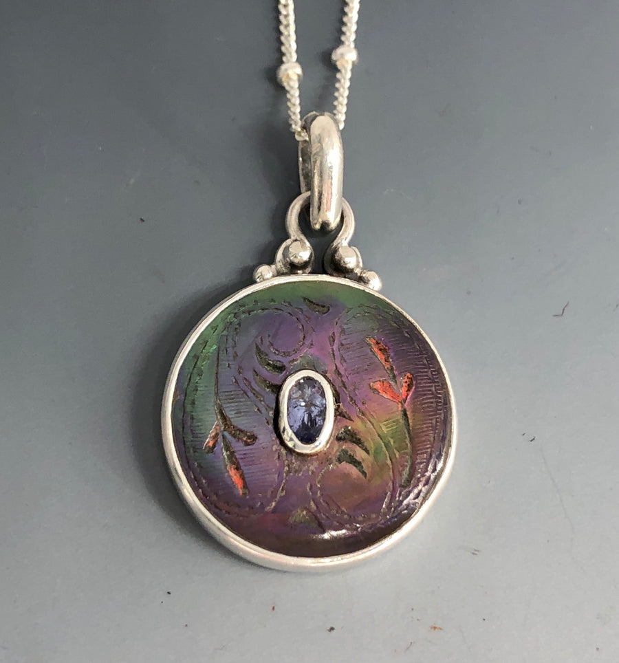 Victorian Carved Pearl Button with Tourmaline Facet Center Stone set in Sterling Silver Pendant w/ Sterling Chain Accent