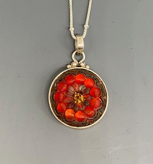 Victorian Red Lacy Button set in Sterling silver w/ Sterling Silver Necklace
