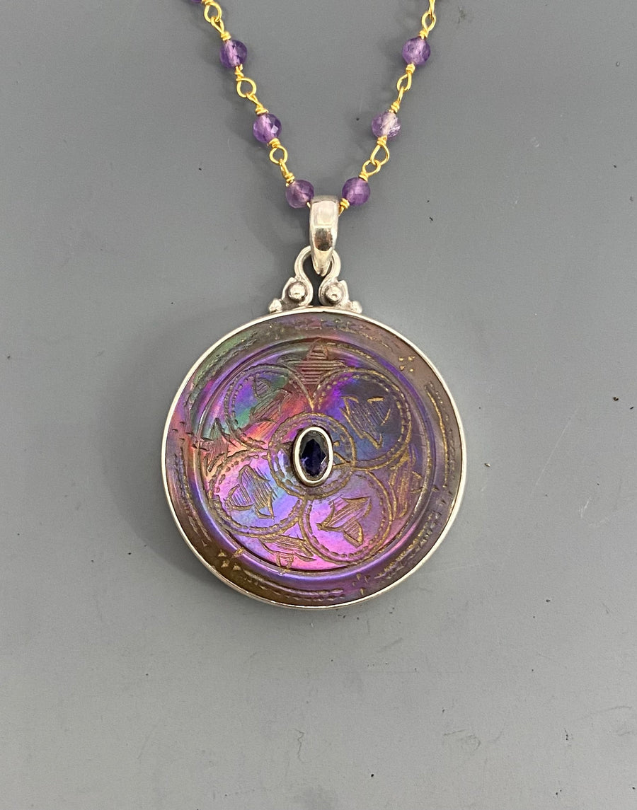 Victorian Carved Shell Pearl Button w/ Tourmaline Center set in Sterling silver w/ Facet Amethyst Rosary Necklace