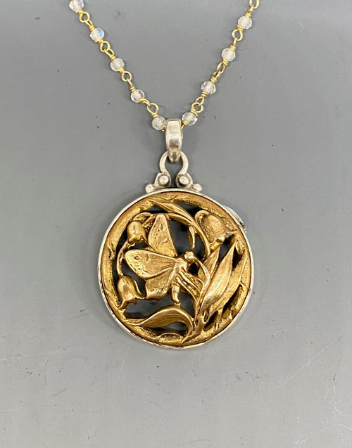 Victorian Picture Metal Butterfly Button set in Sterling silver Pendant w/ Pearl Necklace