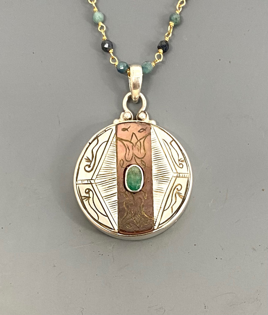 Victorian Carved Shell Pearl Button w/ Tourmaline Center set in Sterling silver w/ Apetite Rosary Necklace