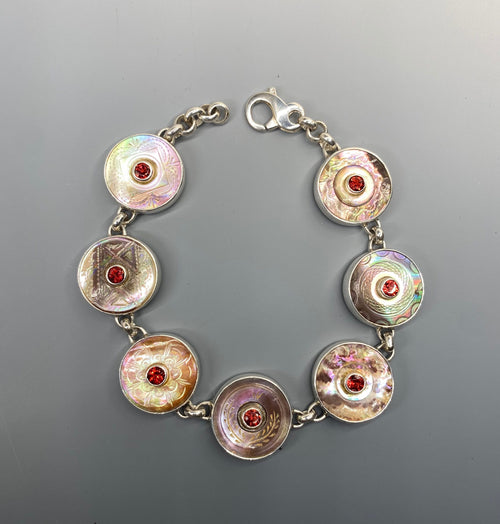 Victorian carved Pearl Buttons with Garnet Stone Centers Set in Sterling Silver Bracelet