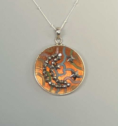 Victorian Tinted Metal Moon & Star Button set in Sterling Silver Necklace W/ Satellite Chain
