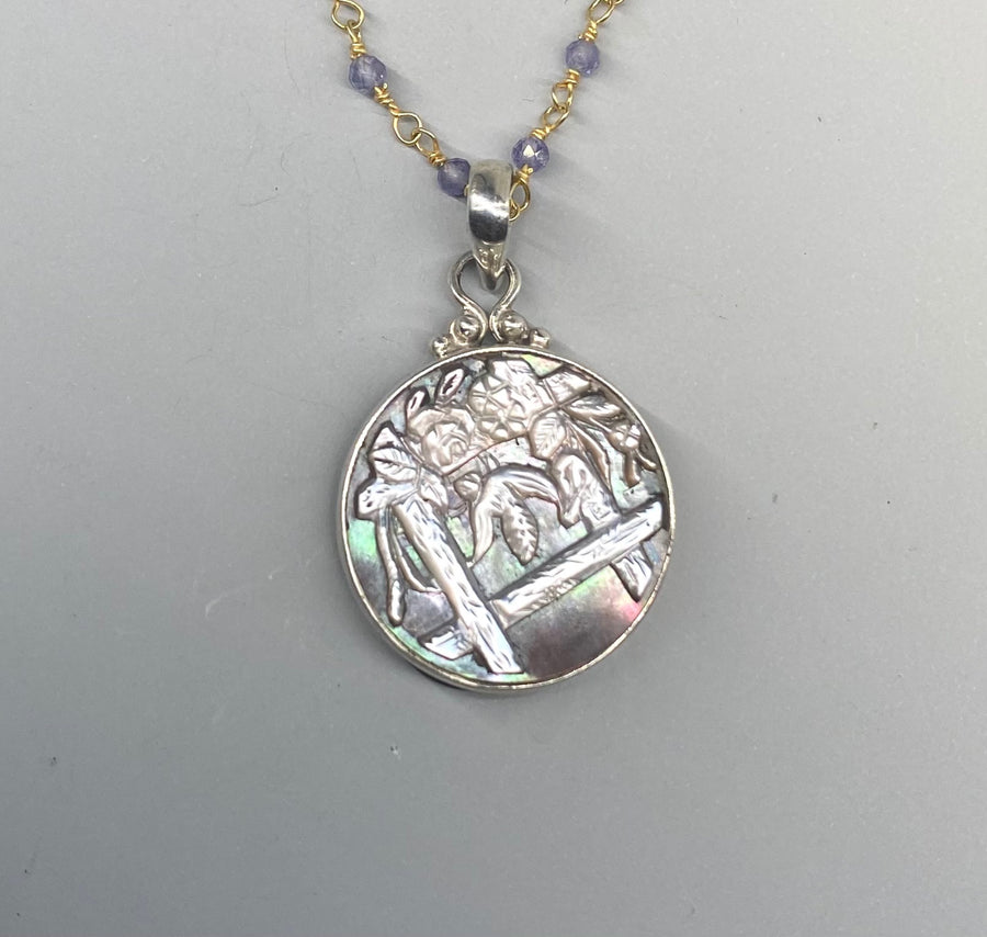 Victorian Carved Pearl Bee Button Set in Sterling Silver Necklace w/ Satellite Chain